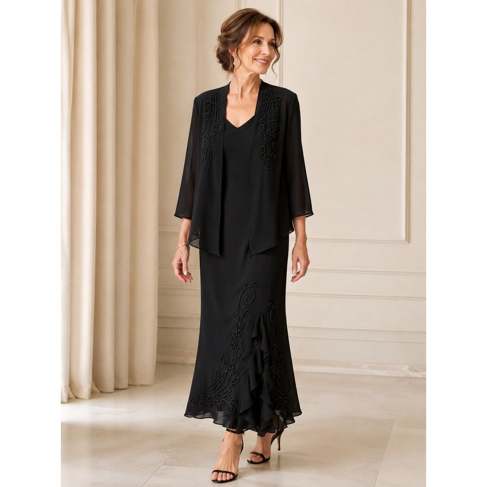 R&M Richards 18 Black Beaded Chiffon Formal Dress Jacket Set Mother of Bride